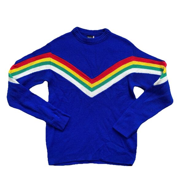 Vintage 70s Sears Ski Sweater Blue Rainbow Stripe Medium Sports Center - Picture 1 of 7